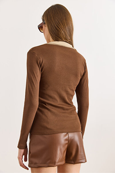 Olalook Women's Brown Beige Collar Detailed Buttoned Corded Fabric Stretchy Blouse Blz-19003181