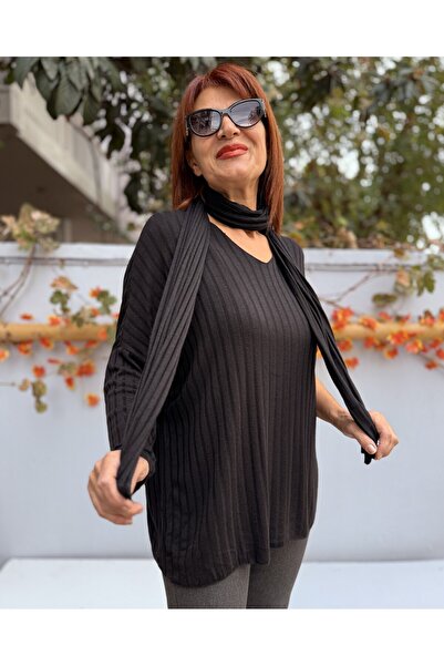 DenizEge material reiat Tricotaj negru cu eșarfă