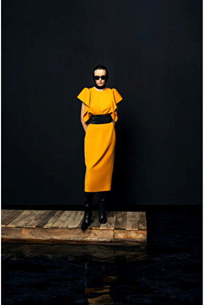 KAMEYA Volan Sleeve Detailed Belted Saffron Midi Dress