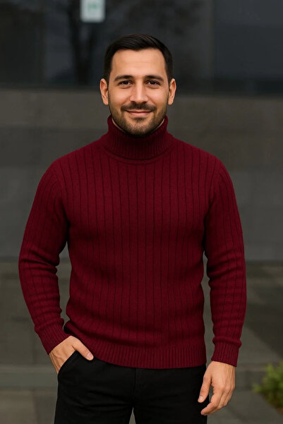 GökTR Men's Turtleneck Knitted Sweater Cotton Thick Corded Fabric Weaving, Regular Fit Long Sleeve Red