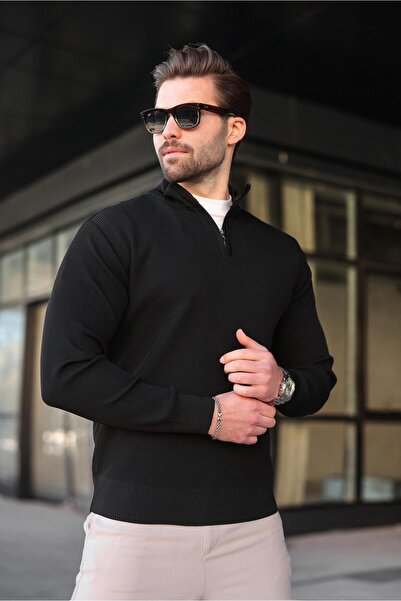 Madmext Black Half Zipper Mock Neck Men's Knitwear Sweater 7442