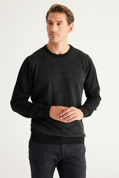 ALTINYILDIZ CLASSICS Μαύρο-ανθρακί μάλλινο πουλόβερ με κανονική εφαρμογή και λαιμόκοψη ποδηλατικού τύπου ζακάρ πλεκτό πουλόβερ