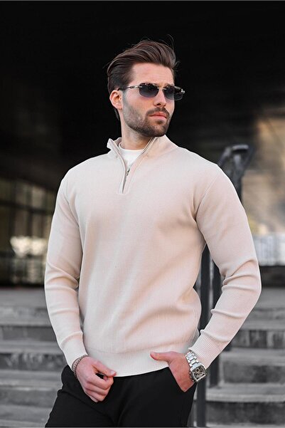 Madmext Stone Color Half Zipper Mock Neck Men's Knitwear Sweater 7442