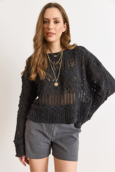 Olalook Women's Smoked Tiny Pompom Lace-Like Knit Cotton Knitwear Blouse Blz-19002336