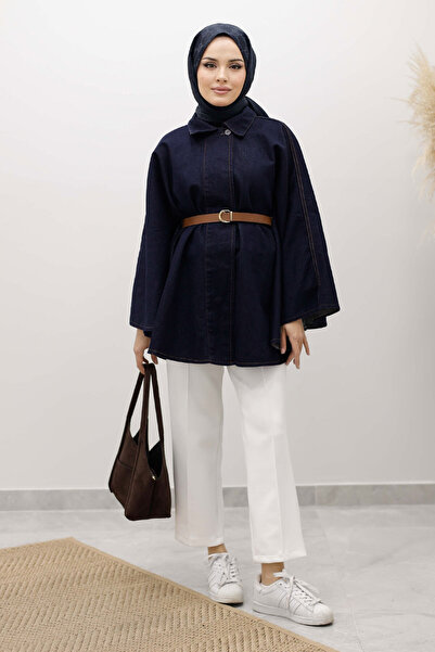 Tesettür Dünyası Belted Denim Poncho Tsd250256 Dark Blue
