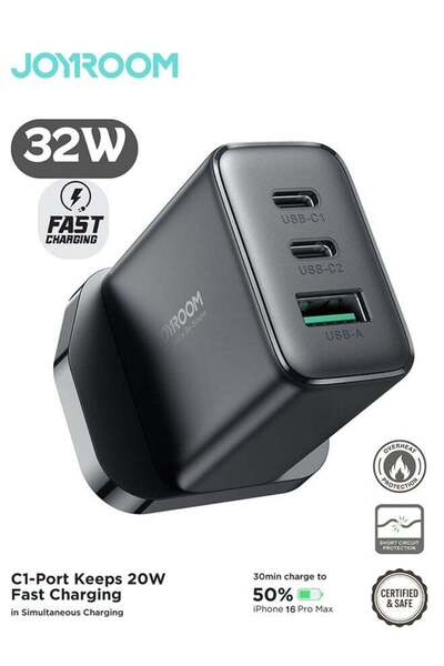 Joyroom 32W 3-Port Fast Charger Adapter (2x USB-C + 1x USB-A) Black