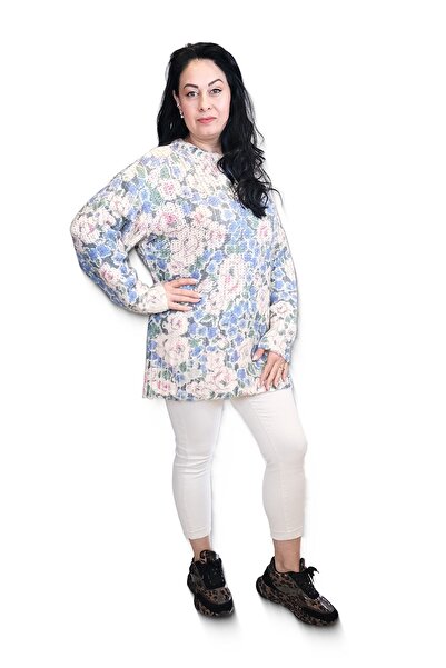 Blues Outlet Pulover de lână oversize cu flori pentru femei - ALBASTRU