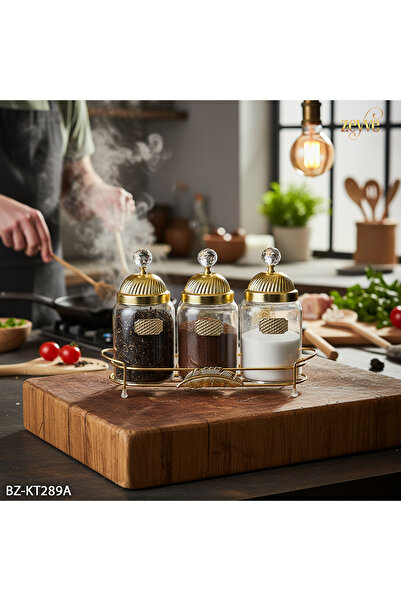 Hinora Yaprak Model Glass 3-Piece Tray Spice Rack Set 33X23X11Cm