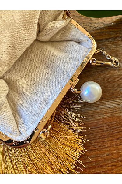 Home 18X18 Size Sequin Evening Bag – Chain Strap, Pearl Buckle, Gold Color 100% Handmade