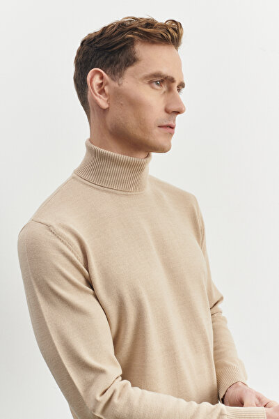 ALTINYILDIZ CLASSICS Beige Standard Fit Regular Cut Full Turtleneck Wool Knit Sweater