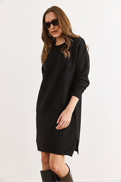Olalook Women's Black Kangaroo Pocket Slit Knitwear Tunic Dress Elb-19002550