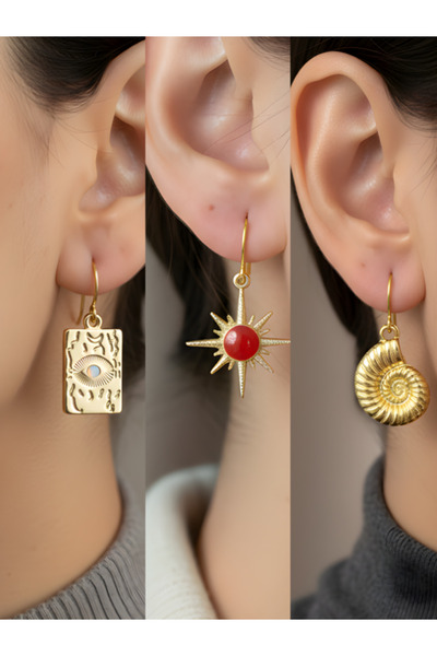 TURBİJ مجموعة أقراط نسائية من ثلاث قطع على شكل حلزون شمسي أحمر العين