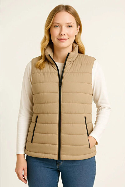 Meleners Inflatable Zippered Vest Water Repellent Quilted Lined Fabric with Pockets Lightweight Winter Sports Comfortable Fit - Beige