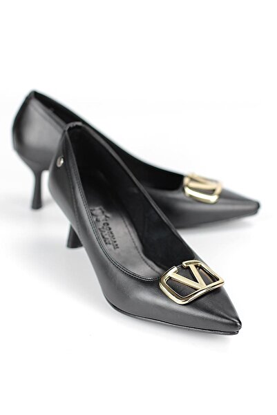 Gökhan Talay Luxe Flexible Soft Non-Slip Sole (4 cm) Black Skin V Buckle Women's Heeled Shoes