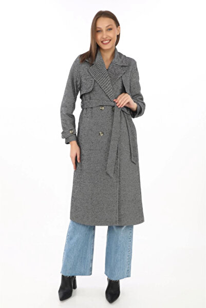 Pazarcan Janes Long Cashmere Coat – Herringbone Woven Cashmere Fabric, Double-Breasted Collars, Belted Pocket Model, Oversized