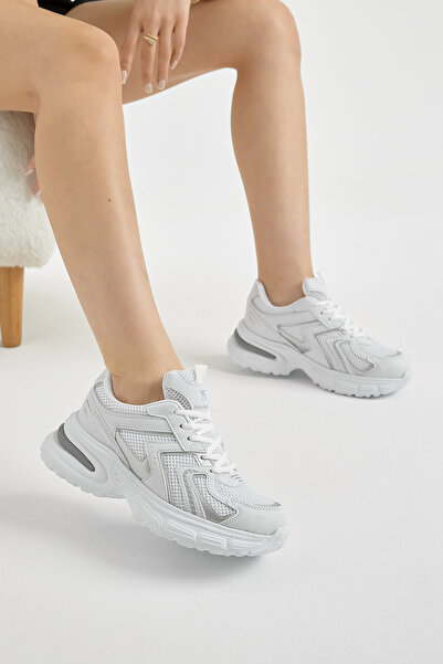 Tonny Black Women's White Thick Lightweight Faylon Sole Mesh Detailed Lace-Up Sports Shoes