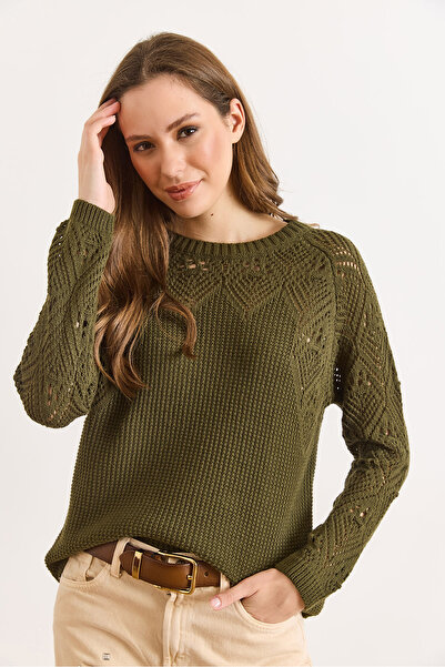Olalook Women's Khaki Openwork Detailed Knitwear Blouse Blz-19003090