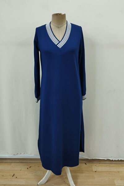 Mossta V-Neck Slit Viscose Two Thread Dress - Navy Blue