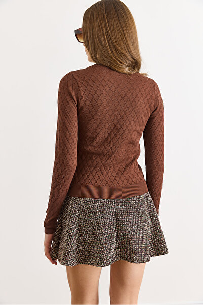 Olalook Γυναικεία πλεκτή μπλούζα με μοτίβο μπακλαβά σε καφέ πικρό χρώμα ελαφρύ BLZ-19002885