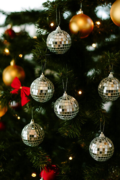 DODOMAR مجموعة من 6 كرات ديسكو فضية مقاس 4 سم لتزيين شجرة عيد الميلاد - كرة ز...