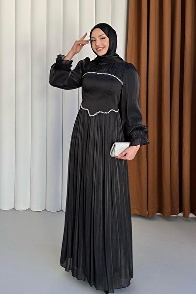 Modaensarbutik Korseli İnci Taş Detaylı Safir Tesettür Abiye-SİYAH