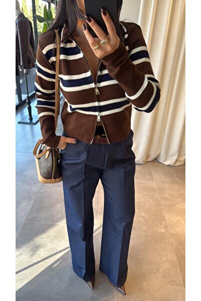 LE CARAMBOLE Γυναικεία πλεκτή ζακέτα με ρίγες καφέ με λεπτομέρεια με φερμουάρ