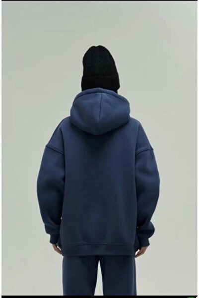 SELENA BUTİK Unisex Hooded Pocket Navy Blue Plain Sweatshirt