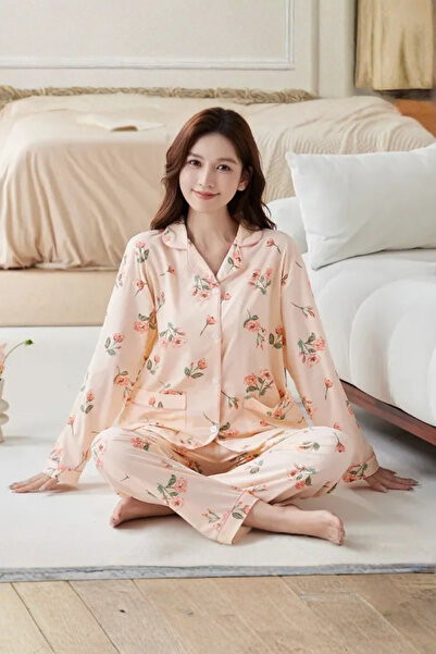 Muchmy Rose Pattern Lapel Neck Button Top High Waist Home Lounge Sleepwear Pa...