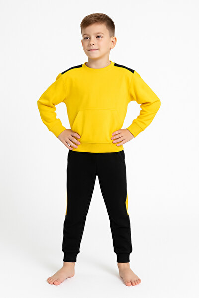 FOR YOU MODA Paneled Boys' Long Bottom Top Set with Hidden Kangaroo Pocket Detail | Yellow Black