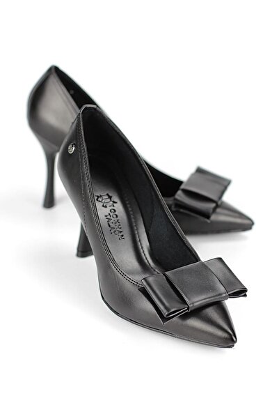 Gökhan Talay Polina Flexible Soft Non-Slip Sole (8 cm) Black Leather Corner Bow Women's Heeled Shoes