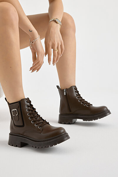 Tonny Black Women's Brown Thick Thermo Sole Buckle Lace-Up and Zippered Boots