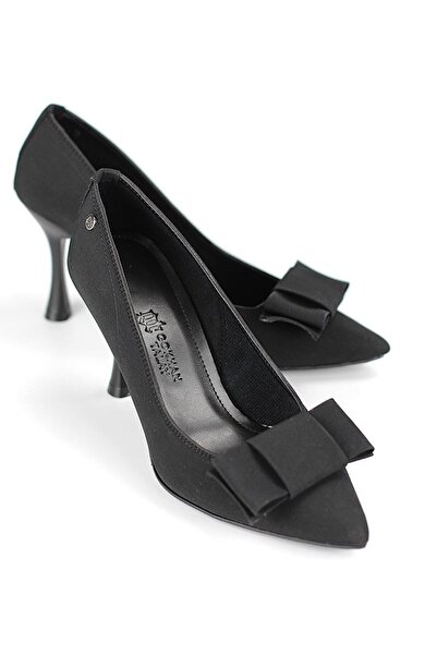 King Crow حذاء نسائي بكعب عالٍ من Polina بنعل مرن ناعم غير قابل للانزلاق (8 سم) من الجلد السويدي الأسود مع فيونكة زاوية