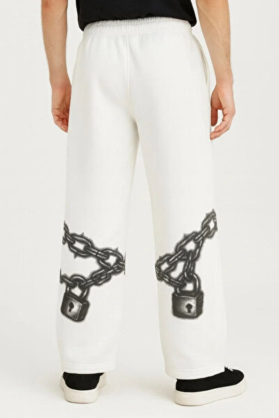 GökTR Men's Three Thread Cotton B Printed Pocket Jogger Buggy Pantalon O Oversized Mold - White