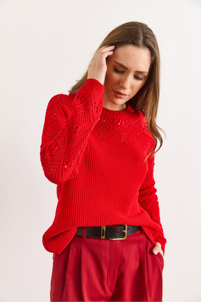 Olalook Women's Light Red Openwork Detailed Knitwear Blouse Blz-19003090