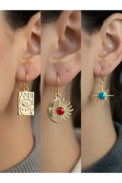 TURBİJ مجموعة أقراط نسائية من 3 قطع على شكل نجمة زرقاء وقمر وشمس