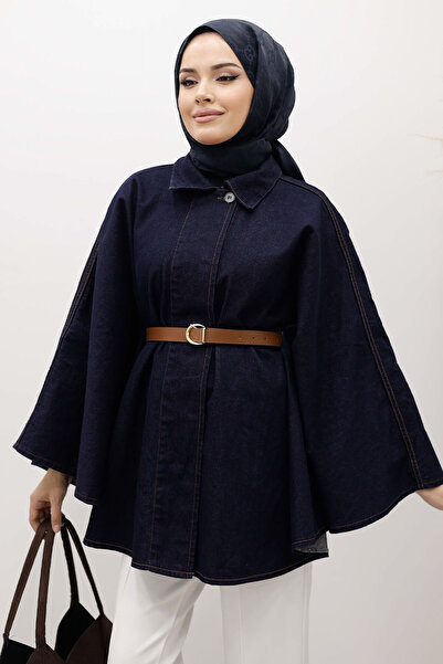 Tesettür Dünyası Belted Denim Poncho Tsd250256 Dark Blue