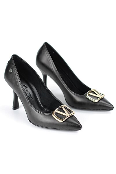 Gökhan Talay Hana Flexible Soft Non-Slip Sole (8 cm) Black Leather V Buckle Women's Heeled Shoes