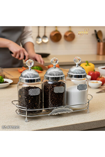 Hinora Yaprak Model Glass 3-Piece Tray Spice Rack Set 33X23X11Cm