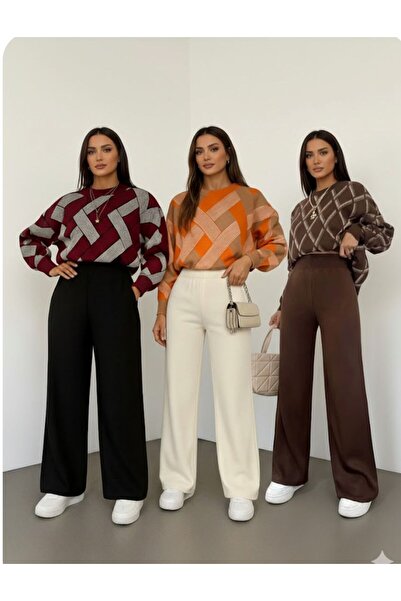 cheen 3-Piece Women's Winter Comfortable Fit Wide Leg Elastic Waist Knit Pants