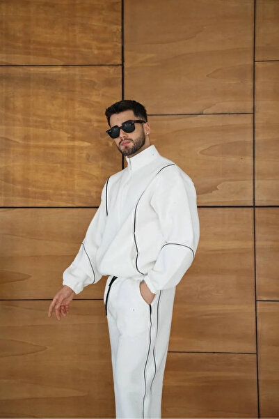 GökTR Men's Premium Piece Tracksuit Set - Mock Neck Zippered Piped Sweatshirt Rubber Cuffed Bottom, Ov