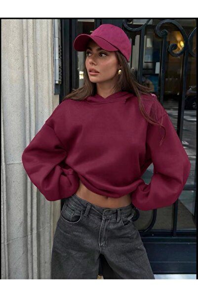 SELENA BUTİK Unisex Hooded Burgundy Sweatshirt with Pockets