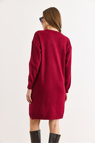 Olalook Women's Burgundy Kangaroo Pocket Slit Knitwear Tunic Dress Elb-19002550