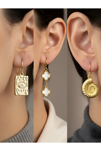 TURBİJ مجموعة أقراط نسائية على شكل سيمبول سبيرال مكونة من 3 قطع من العين البيضاء على شكل نجمة البرسيم