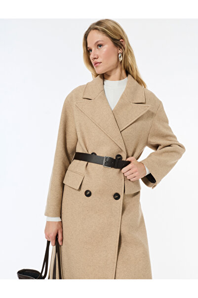 Koton Belted Coat Cashmere Extra Long Double-Breasted