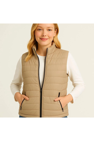 Meleners Inflatable Zippered Vest Water Repellent Quilted Lined Fabric with Pockets Lightweight Winter Sports Comfortable Fit - Beige