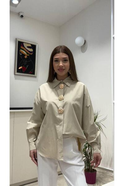 modadagiyim Women's Special Stone Button Long Sleeve Premium Shirt