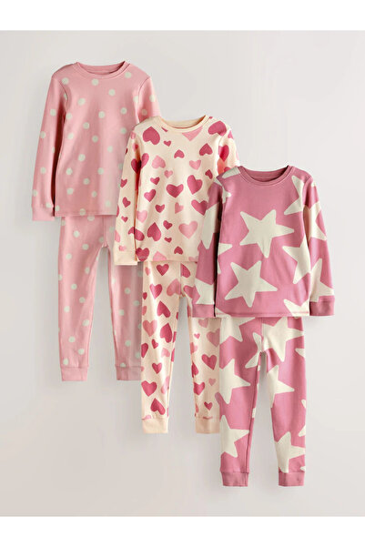 Next Baby 100% Organic Cotton Pink/White Star Patterned Long Sleeve 3-Piece Bottom Top Pajama Set Alyan3044