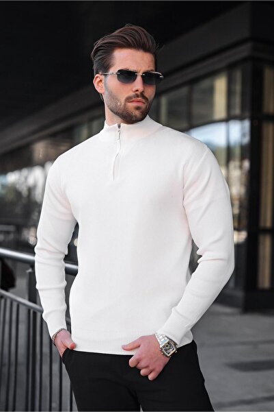 Madmext Λευκό πουλόβερ με μισό φερμουάρ ψηλός λαιμός Ανδρικό πλεκτό πουλόβερ 7442