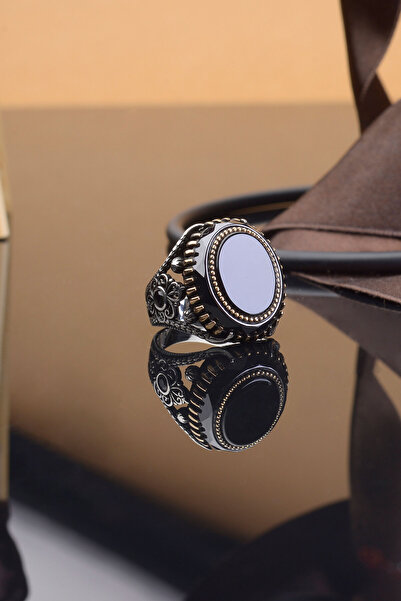 Innuendo Jewelry SİYAH TAŞLI OVAL ZİRKON 925 AYAR GÜMÜŞ ERKEK YÜZÜK