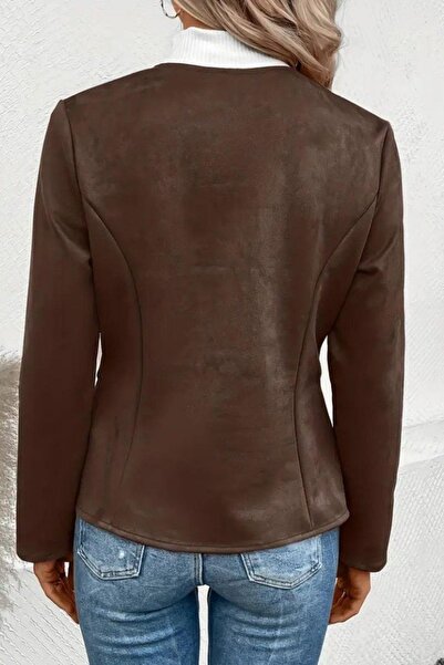 Mossta Σουέτ μπουφάν με στρογγυλή λαιμόκοψη και φερμουάρ - Καφέ